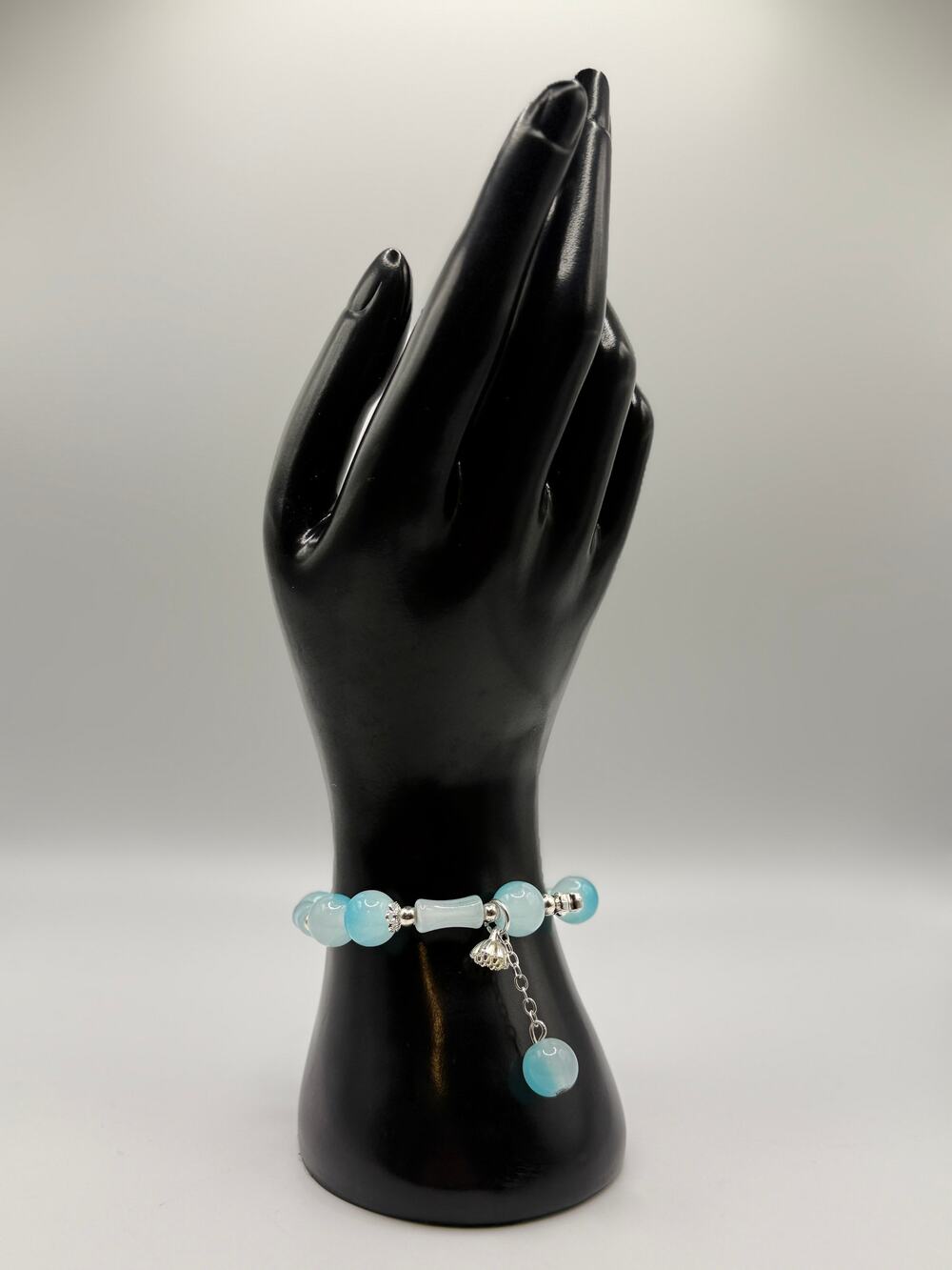 Aqua Blue Elastic Beaded Bracelet | Stainless Steel Accents | Boho Coastal Style